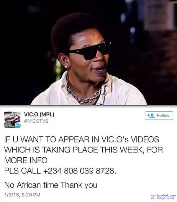 Superstar Artiste, Vic O Reaches Out To Nigerians If They Wish To Appear In His Music Video